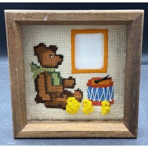 Vintage 1977 Needlepoint Framed Baby Picture Holder Bear with Drum & Ducks